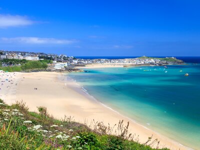 High view of Porthminster Beach on sunny day, St Ives, Cornwall, England, UK