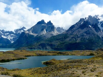 Blue lakes and mountains in distance of Torres del Paine, Patagonia