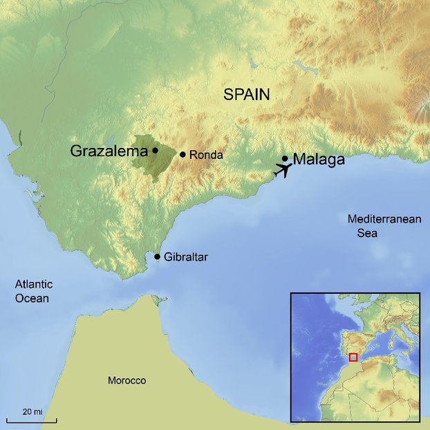 Graphic of map depicting surrounding area of Spain for Sierra de Grazalema Ramble Worldwide tour