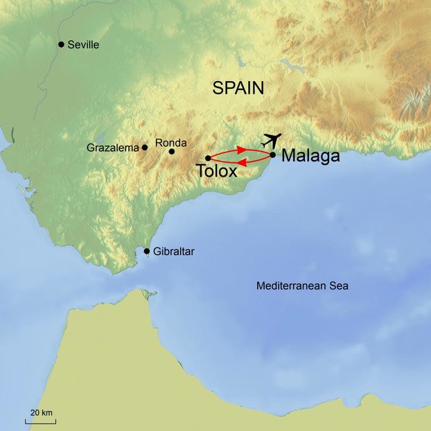 Graphic of map depicting Spain and surrounding areas relevant to itinerary for tour Sierra de las Nieves