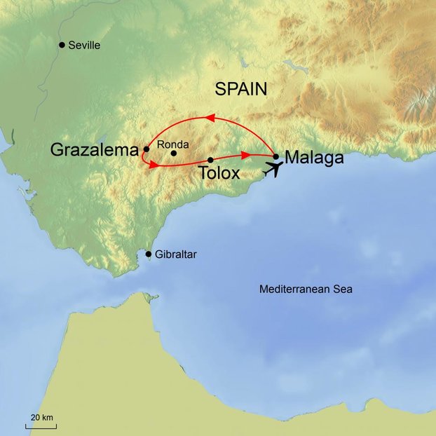 Graphic of map depicting Spain and surrounding areas relevant to itinerary for tour Natural Parks of Southern Spain