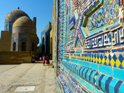 Multi-coloured temple wall art at daytime, shohi zinda, Kazakhstan