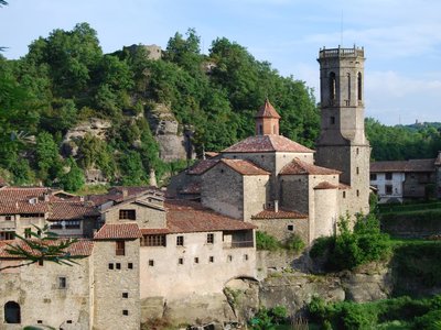 Rupit village viewed from distance with church of Sant Mique, Catalonia, Spain