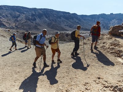 Group of walkers moving up small slope with mountains in background on sunny day, Tenerife, Spain