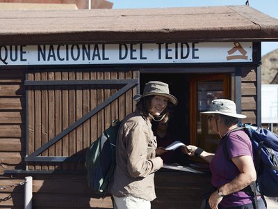 Two women at Teide national park information desk in Tenerife, Spain