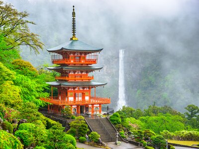 Nachi, Japan at Nachi Taisha Shrine Pagoda and waterfall