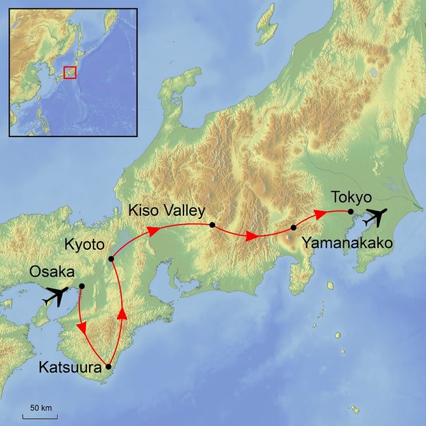 Ramble Worldwide map graphic of Japan featuring Tokyo, Osaka, Kyoto, Kiso Valley, Katsuura for walking holiday The Mystery of Japan