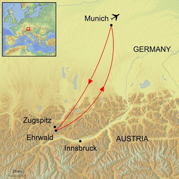 Map graphic depicting Zugspitz and surrounding area of Austria for Ramble Worldwide walking holiday The Zugspitz Arena