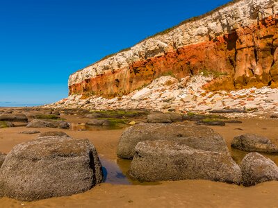 Hunstanton Cliffs coloured in stripes of brown, orange, and white with smooth rocks in foreground and clear blue skies, Norfolk