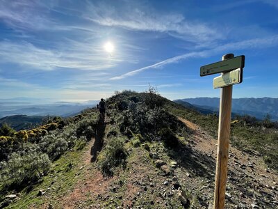 Walker following signposted route amidst mountains of Sierra de las Nieves on sunny day with long shadows casted, Andalucia, Spain
