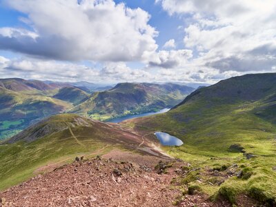 View down from Red Pike, above Buttermere, Lake District, on the start of a classic Lakeland ridge walk