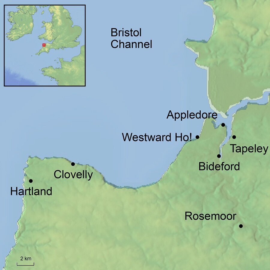 Ramble Worldwide map graphic of North Devon area including Rosemoor, Tapeley, Westward Ho! and other areas for walking holiday North Devon Gardens