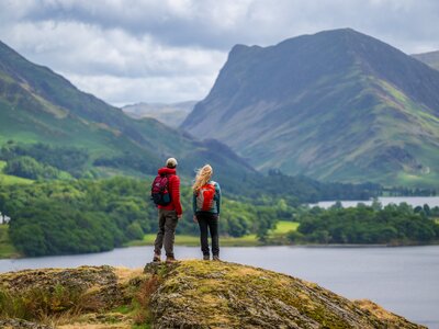 Rocky rise above the shore of Crummock Water, looking south down the lake and Buttermere