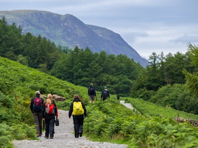Walking group on stone path through Buttermere Valley with Grasmoor Fell in background