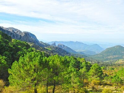 Panoramic landscape of the mountains in Sierra de Grazalema Natural Park, province of Cadiz, Andalusia, Spain