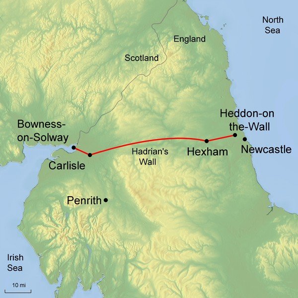 Map graphic of Hadrian's wall route and surrounding areas of northern England such as Heddon-on-the-Wall and Bowness-on-Solway for Ramble Worldwide walking holiday Hadrian's Wall National Trail