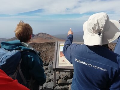 Local volcano guide pointing in distance in front of information point and tourist looking in same direction, Tenerife, Spain