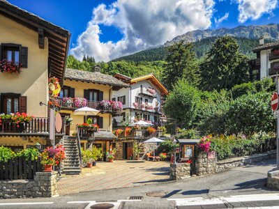 Courmayeur town houses with mountain in background, Italy