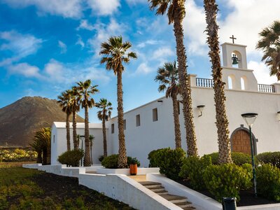White church of Ye, village at the foot of Monte Corona volcano in Lanzarote, Canary Islands, Spain