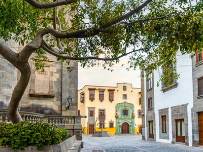 View of Columbus's house museum in distance from beneath tree in Las Palmas, Gran Canaria, Canary Islands, Spain