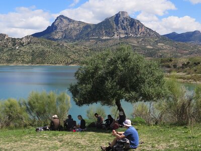 Lunchbreak under tree with lake and mountain view, Sierra de Grazalema, Spain