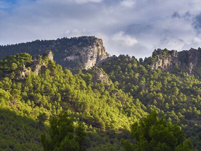 Sun shining over landscape of Sierra de las Nieves Natural Park, Spain