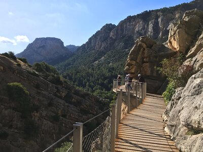 Wavy wooden pathway attached to cliff face in mountain valley, Caminito del Rey, Sierra de las Nieves, Andalucia, Spain