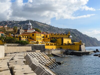 Promenade of Funchal with the castle of Sao Tiago in Funchal, Madeira, Portugal