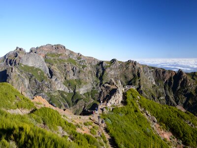 Mountainous area of Madeira with people hiking to viewpoint in distance, Portugal