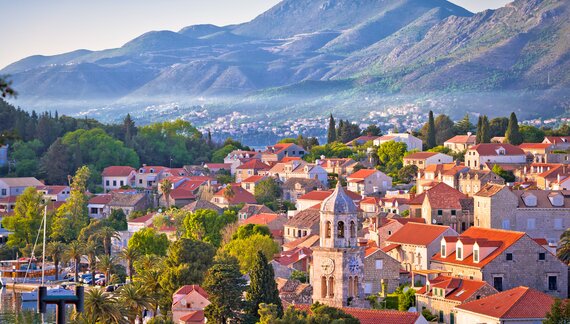 Town of Cavtat towers and waterfront view, south Dalmatia, Croatia