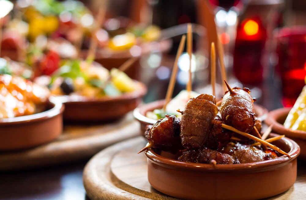 Close up of Spanish tapas dishes