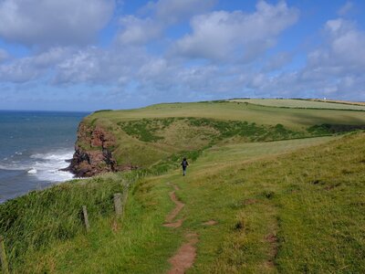 Distant view of hiker on national trail UK coast to coast route from St Bees to Robin Hoods Bay
