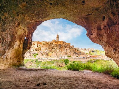 View of ancient town of Matera from grotto cave, Sassi di Matera in Basilicata, southern Italy