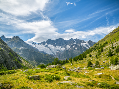 Beautiful view on Swiss Alps above the small village of Saas-Fee, Switzerland