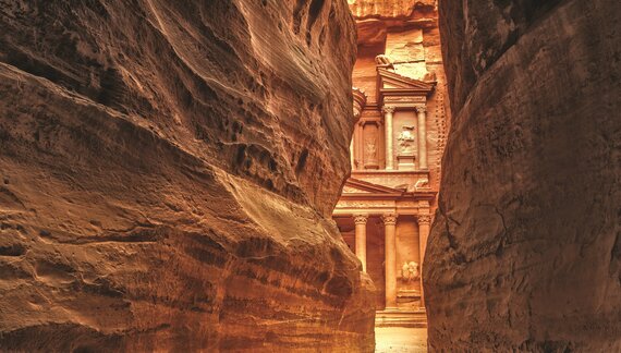 View from Siq on entrance of City of Petra, Jordan