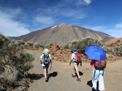 Walkers taking dirt path towards mount Teide whilst one hides under shade of umbrella, Tenerife, Spain