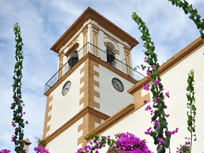 Low angle view looking up at church of the Incarnation with purple and orange flowers growing in foreground, Grazalema, white villages, Cadiz province, Andalusia, Spain