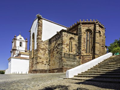 Silves cathedral side view low angle, Algarve, Portugal