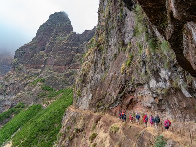 Line of walkers moving along carved mountainside pathway with mountains shrouded in cloud in distance, Madeira, Portugal
